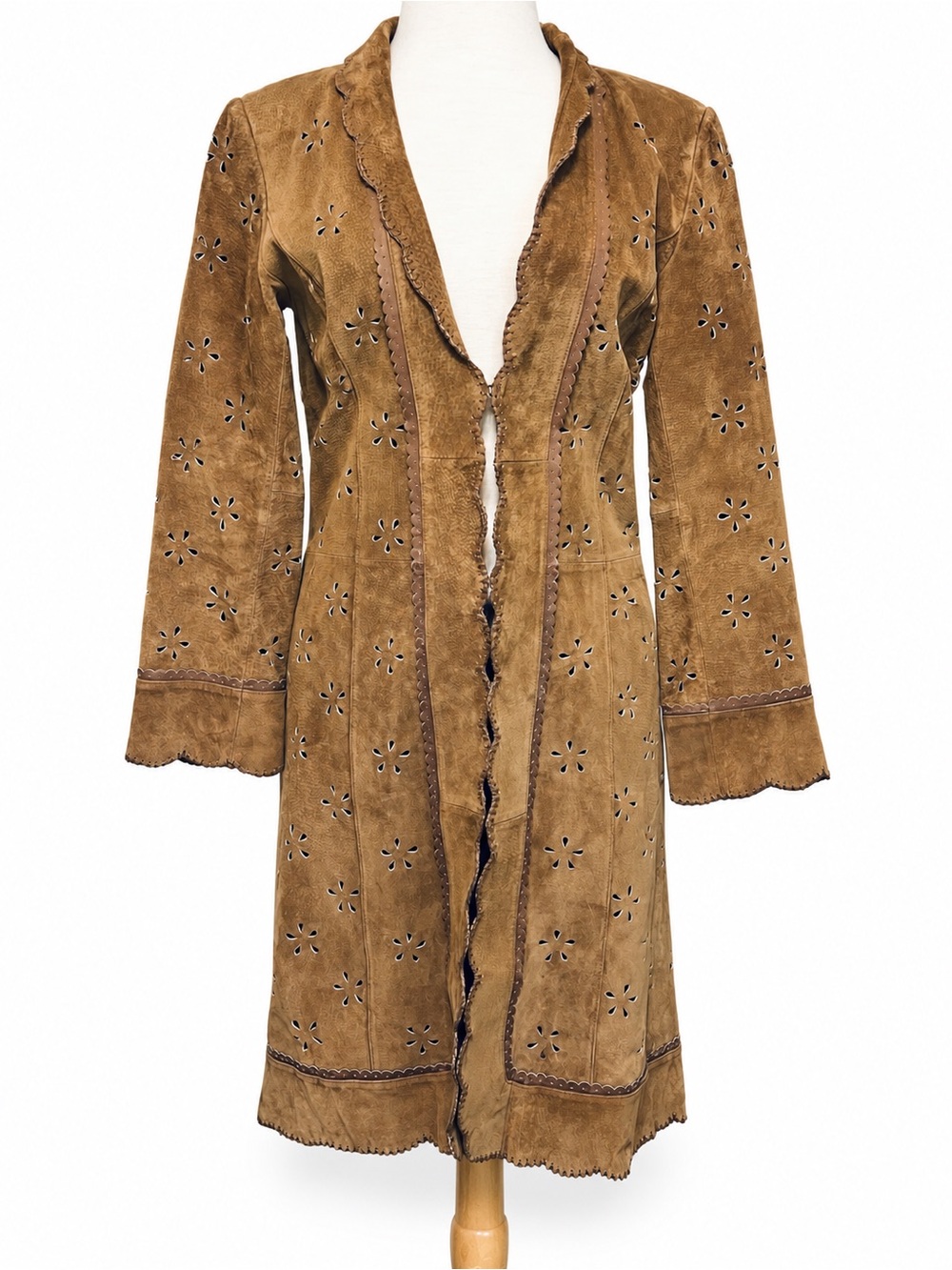 Margaret Godfrey 90s Suede Leather Duster Coat Size 6 Floral Cutout Western Boho